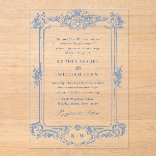Blue Victorian Ornate Grace Floral Frame Wedding Acrylic Invitations