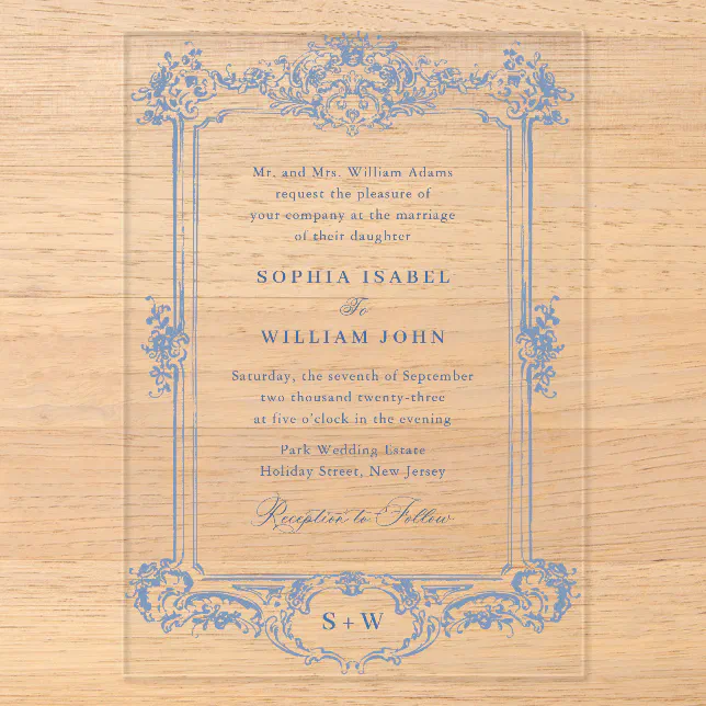 Blue Victorian Ornate Grace Floral Frame Wedding Acrylic Invitations ...