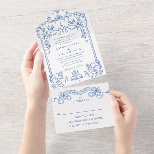 Blue Victorian Ornate Grace Floral Frame Wedding All In One Invitation