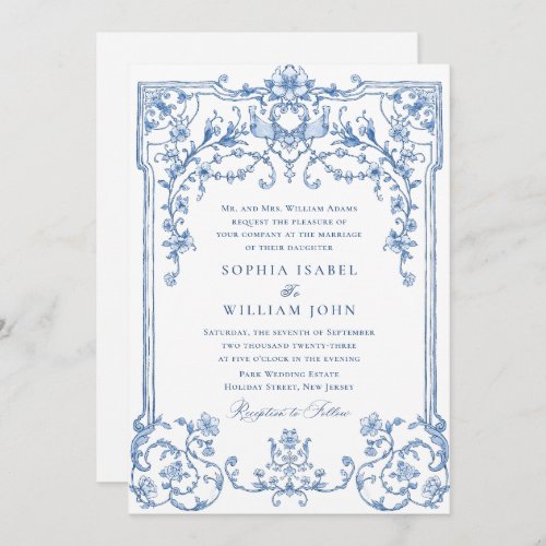 Blue Victorian Ornate Grace Floral Frame Wedding Invitation