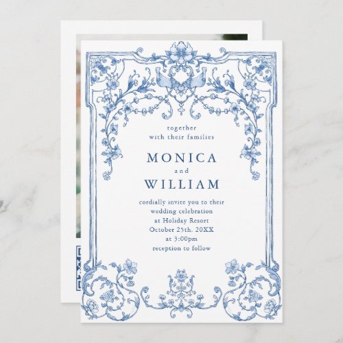 Blue Victorian Ornate Grace Floral Frame Wedding Invitation