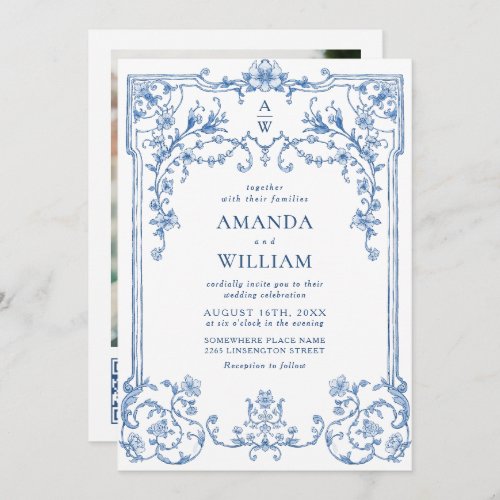 Blue Victorian Ornate Grace Floral Frame Wedding Invitation