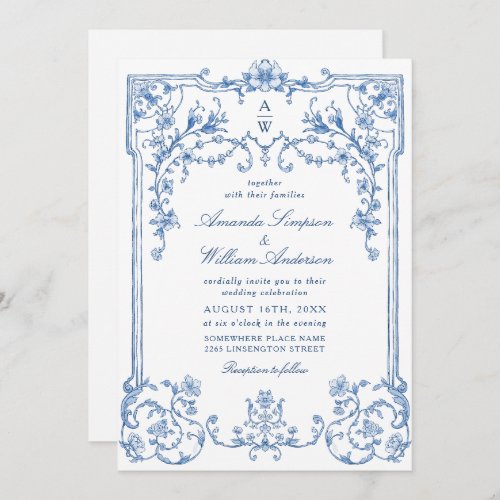 Blue Victorian Ornate Grace Floral Frame Wedding Invitation