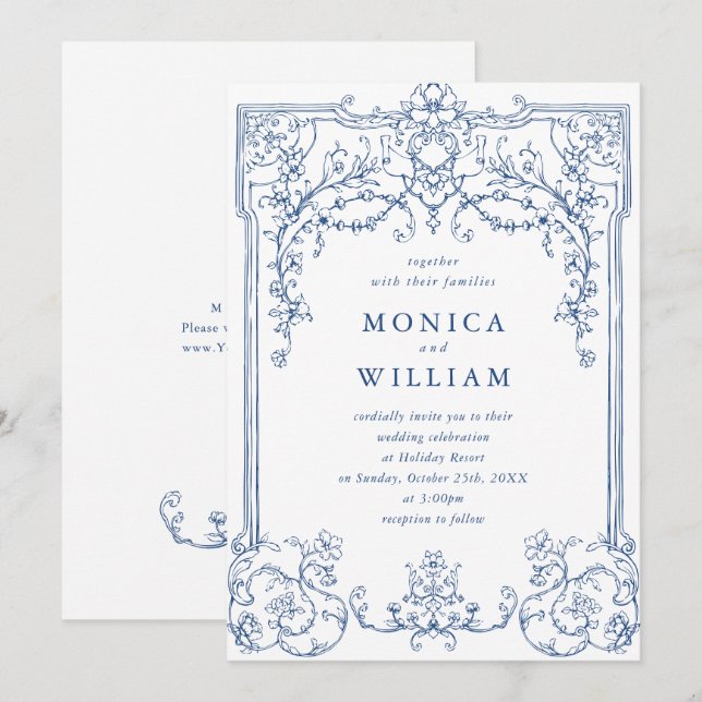 Blue Victorian Ornate Grace Floral Frame Wedding Invitation (Front/Back)