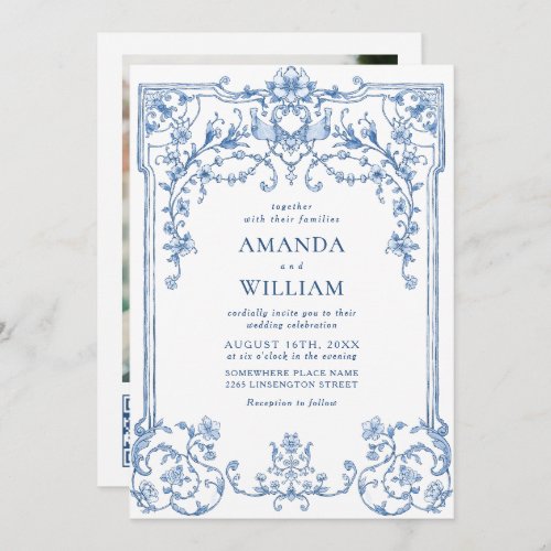 Blue Victorian Ornate Grace Floral Frame Wedding Invitation