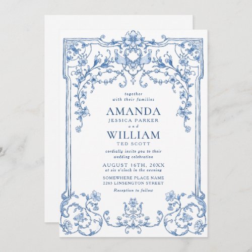 Blue Victorian Ornate Grace Floral Frame Wedding Invitation