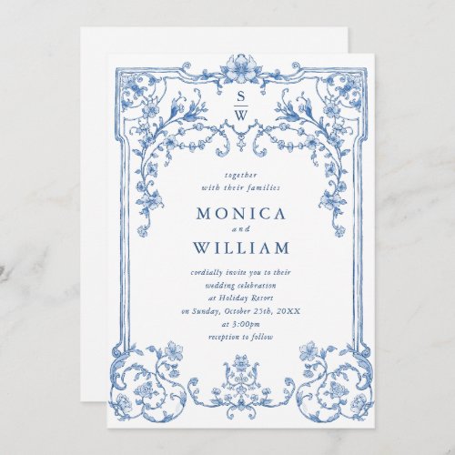 Blue Victorian Ornate Grace Floral Frame Wedding Invitation