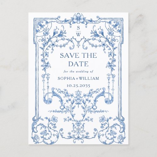 Blue Victorian Ornate Grace Floral Frame Wedding Postcard