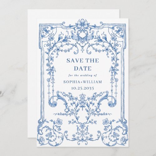 Blue Victorian Ornate Grace Floral Frame Wedding Save The Date