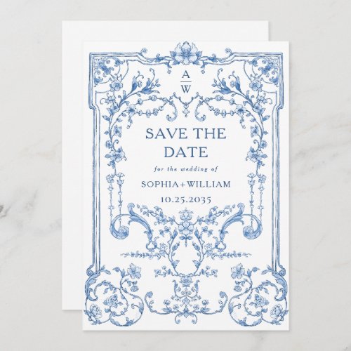 Blue Victorian Ornate Grace Floral Frame Wedding Save The Date