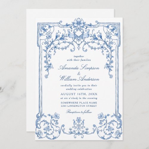 Blue Victorian Ornate Grace Floral French Wedding Invitation