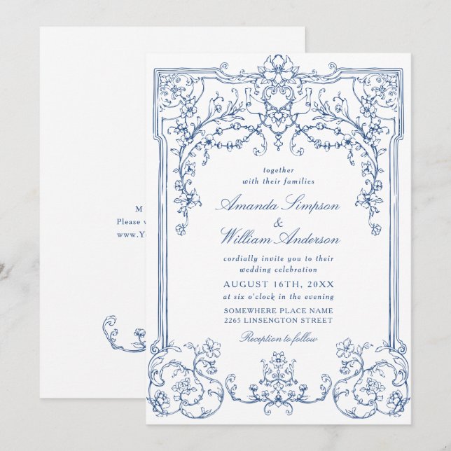 Blue Victorian Ornate Grace Floral French Wedding Invitation (Front/Back)