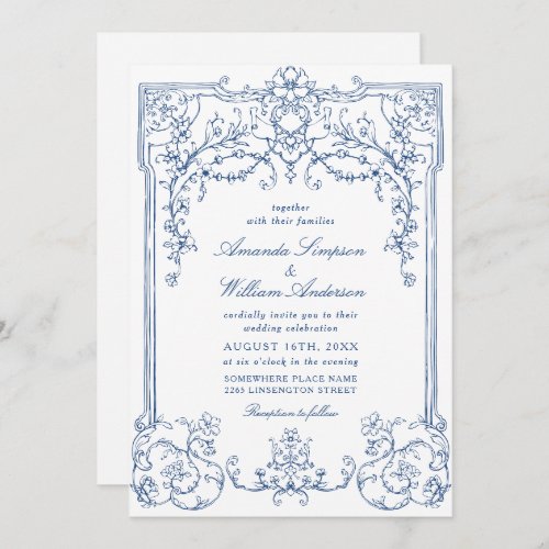 Blue Victorian Ornate Grace Floral French Wedding Invitation