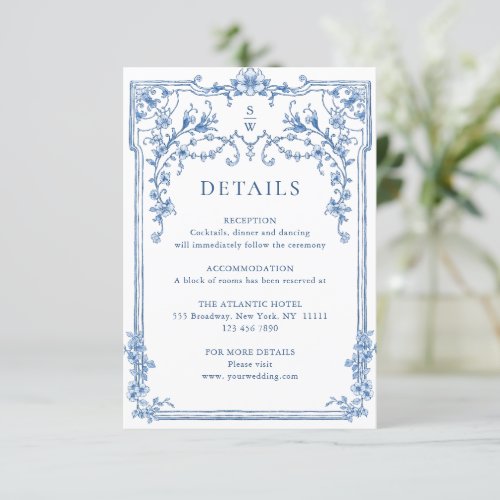 Blue Victorian Ornate Grace Floral Wedding Details Enclosure Card