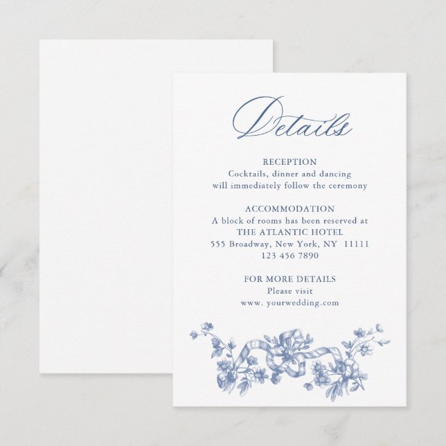 Blue Victorian Ornate Grace Floral Wedding Details Enclosure Card (Front/Back)