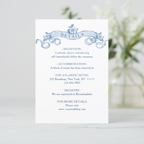 Blue Victorian Ornate Grace Floral Wedding Details Enclosure Card