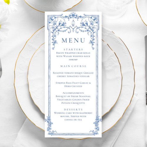 Blue Victorian Ornate Grace Floral Wedding Dinner Menu