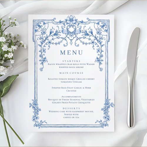 Blue Victorian Ornate Grace Floral Wedding Dinner Menu