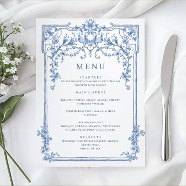 Blue Victorian Ornate Grace Floral Wedding Dinner Menu (Creator Uploaded)