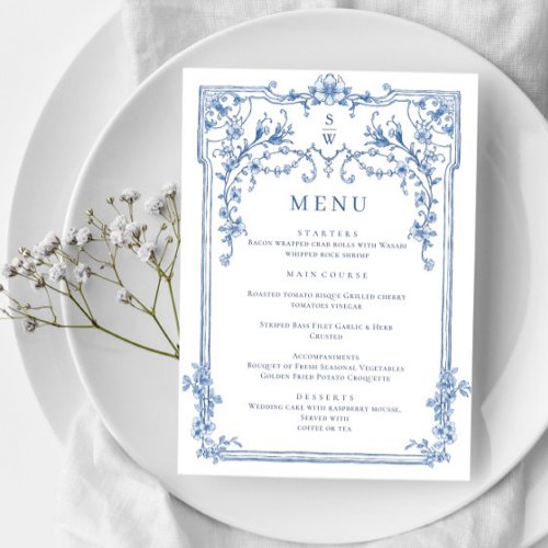 Blue Victorian Ornate Grace Floral Wedding Dinner Menu