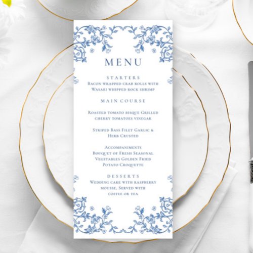 Blue Victorian Ornate Grace Floral Wedding Dinner Menu