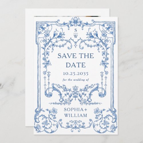 Blue Victorian Ornate Grace Floral Wedding Photo Save The Date