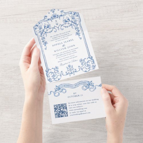 Blue Victorian Ornate Grace Floral Wedding QR code All In One Invitation