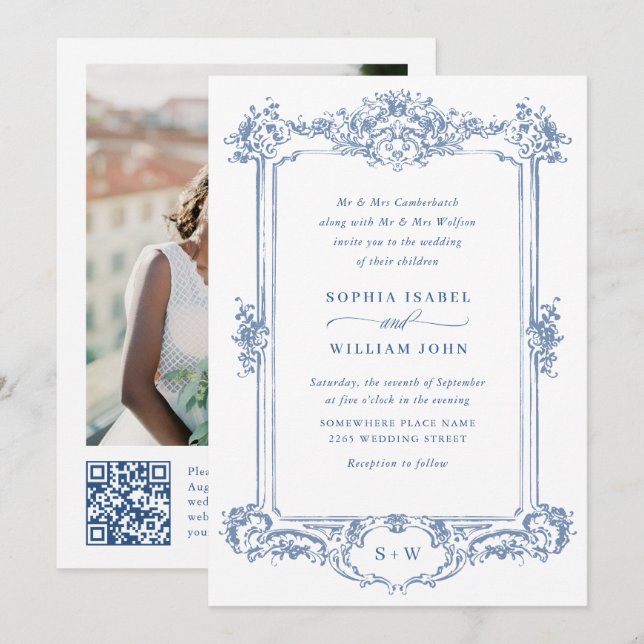 Blue Victorian Ornate Grace Floral Wedding QR code Invitation (Front/Back)