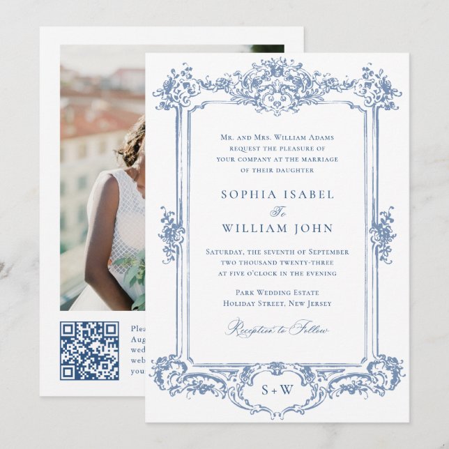 Blue Victorian Ornate Grace Floral Wedding QR code Invitation (Front/Back)