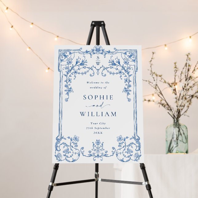 Blue Victorian Ornate Grace Floral Wedding WELCOME Foam Board (In Situ (Stand))