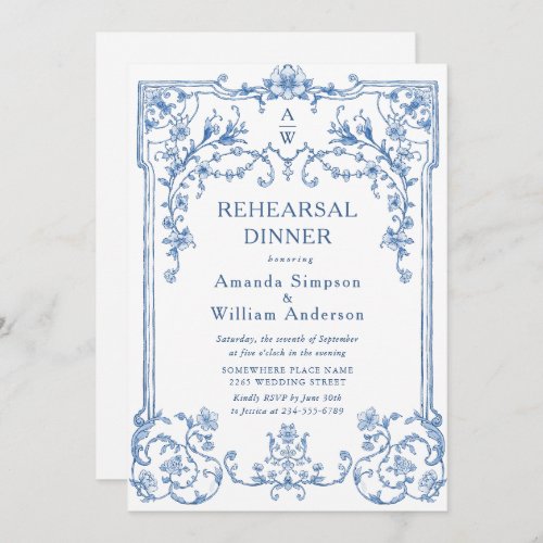 Blue Victorian Ornate Grace Rehearsal Dinner Invitation