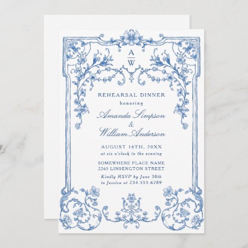 Blue Victorian Ornate Grace Rehearsal Dinner Invitation