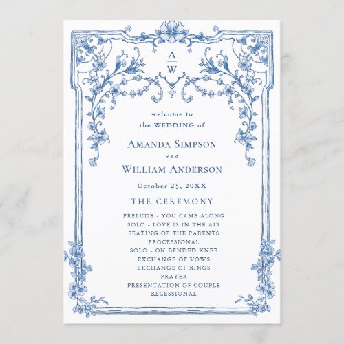 Blue Victorian Ornate Grace Wedding Ceremony Program