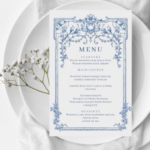 Blue Victorian Ornate Grace Wedding Dinner Menu