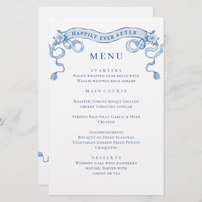 Blue Victorian Ornate Grace Wedding Dinner Menu (Front/Back)