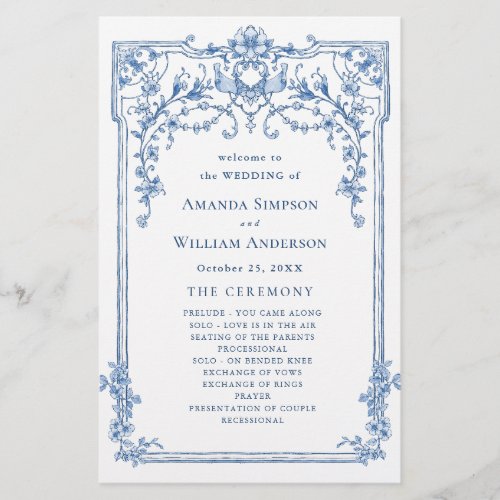 Blue Victorian Ornate Wedding Ceremony Program