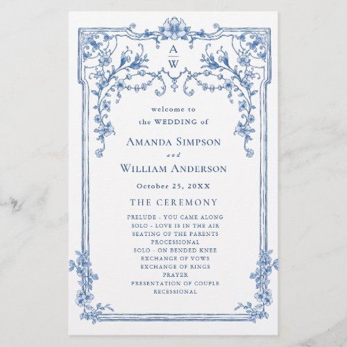 Blue Victorian Ornate Wedding Ceremony Program