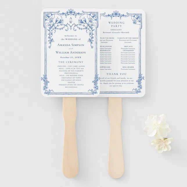 Blue Victorian Ornate Wedding Ceremony Program Hand Fan | Zazzle