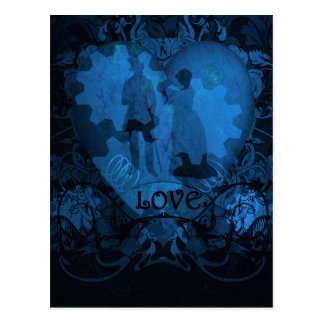 BLUE VICTORIAN STEAMPUNK LOVE COUPLE POSTCARD