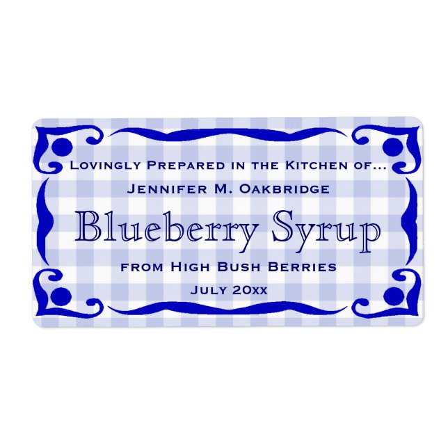 Blue Victorian Style Frame with Gingham Food Label (Front)