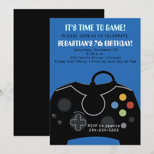 Blue Video Game Boys Birthday Invitation (Front/Back)