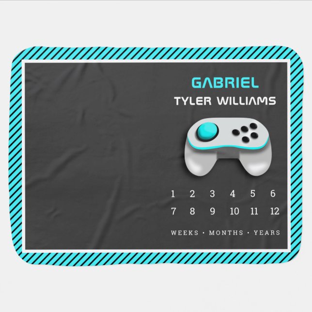 Blue Video Game Controller Monthly Milestone Baby Blanket (Horizontal)