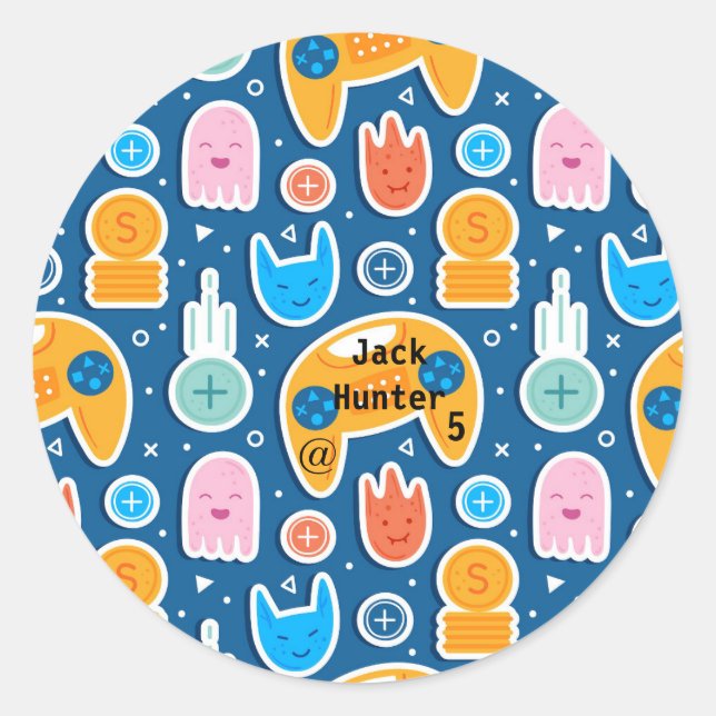 Blue Video Game Pattern Personalized Birthday  Classic Round Sticker (Front)