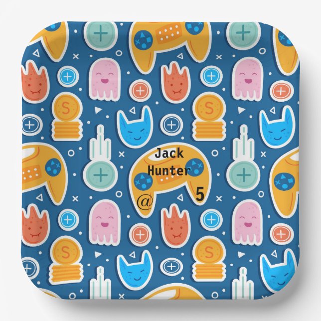Blue Video Game Pattern Personalized Birthday  Paper Plates (Front)