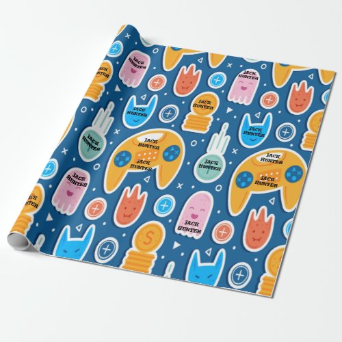 Blue Video Game Pattern Personalized Birthday  Wrapping Paper