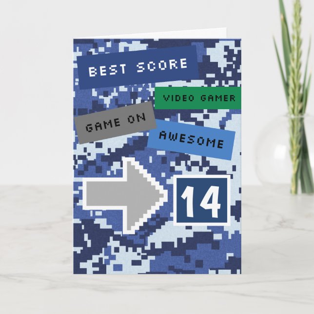 Blue Video Gamer 14th Birthday Card (Front)