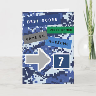 Blue Video Gamer 7th Birthday Card