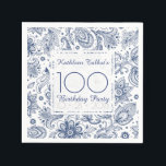 Blue Vintage 100th Birthday Party Paper Napkin<br><div class="desc">Beautiful and Liberty hippie vintage blue floral pattern on pale background. Sophisticated and feminine 100th birthday party paper napkin with customizable texts on transparent squares. You can easily change texts (font, size, color and position) and design (size and position). Matching products for birthday party: paper plate, Thank you favor box......</div>