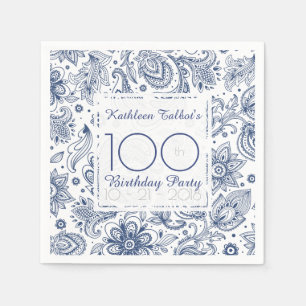Blue Vintage 100th Birthday Party Paper Napkin