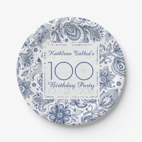 Blue Vintage 100th Birthday Party Paper Plate